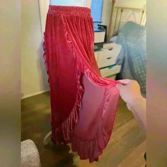 Velvet Slit Ruffled Autumn Wide Leg Boho Pants - Picture 2 of 9